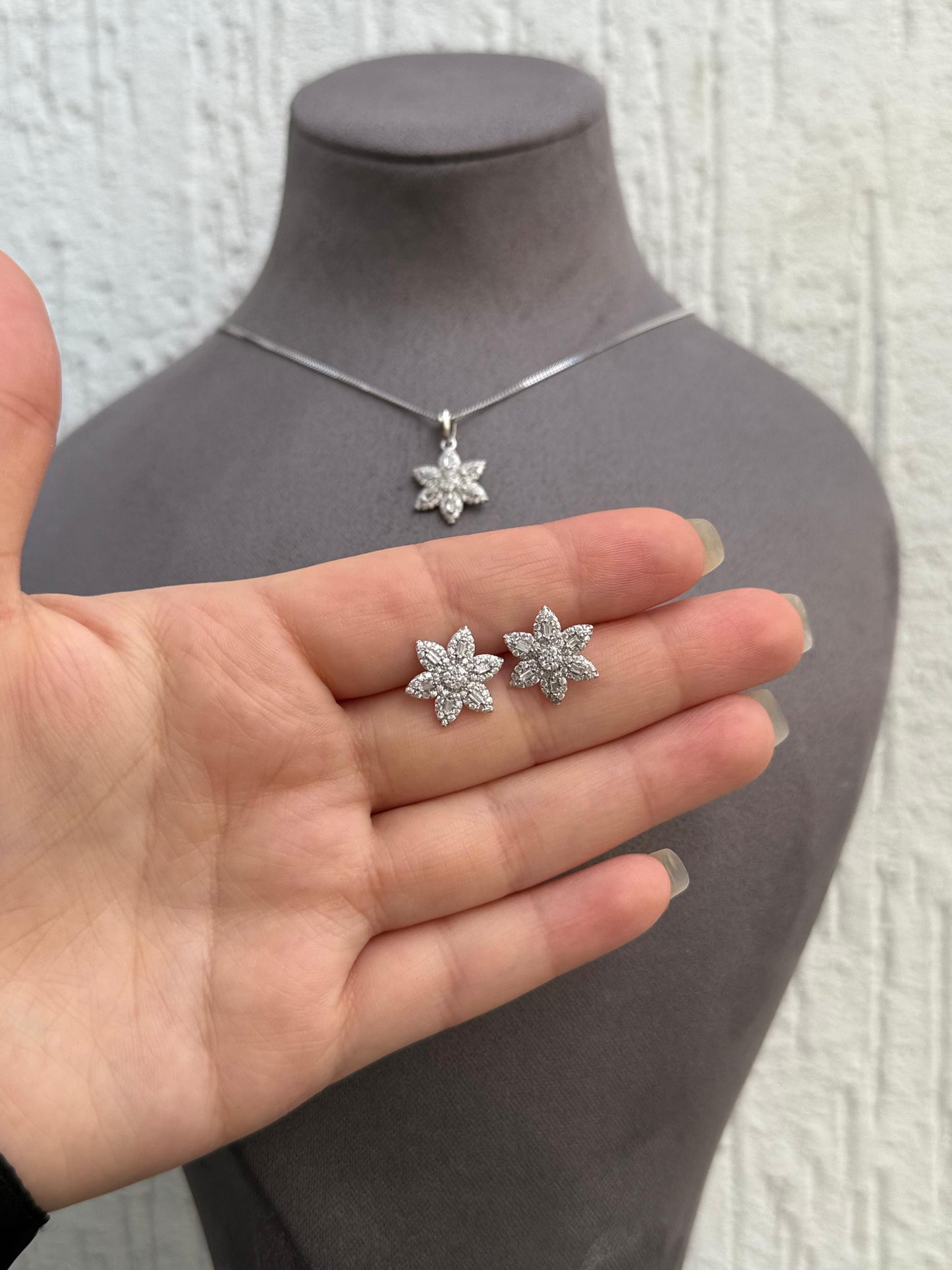 Flower Charm Necklace and Earring Set - Floral Design - Sterling Silver 925 with Zircon Stones Plated Rhodium White Gold 18K