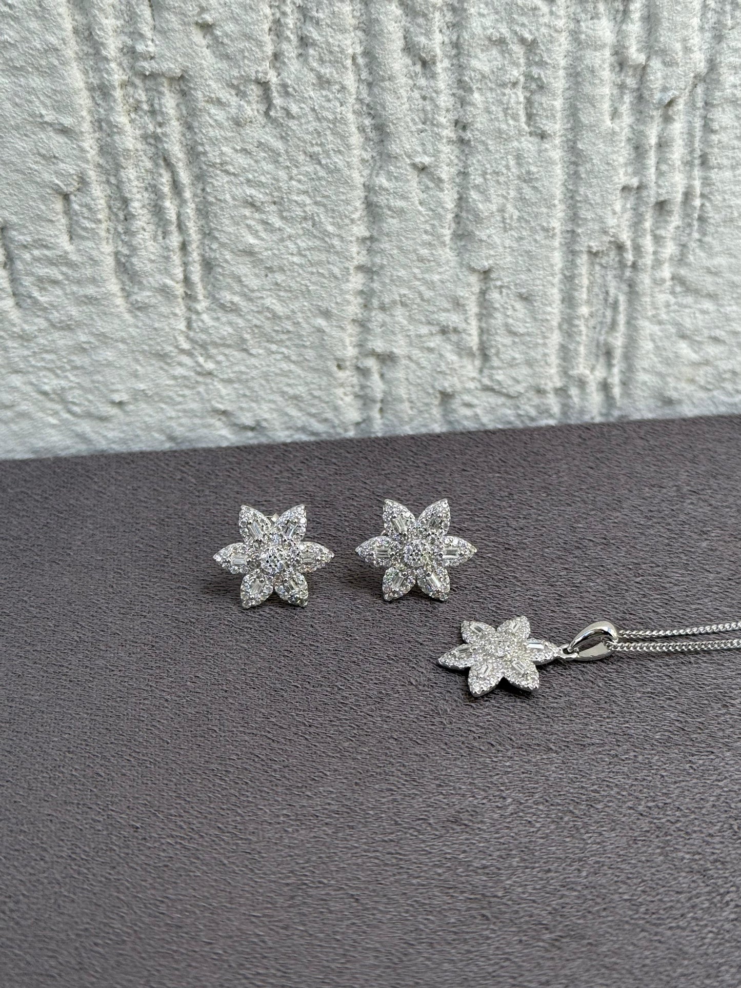 Flower Charm Necklace and Earring Set - Floral Design - Sterling Silver 925 with Zircon Stones Plated Rhodium White Gold 18K