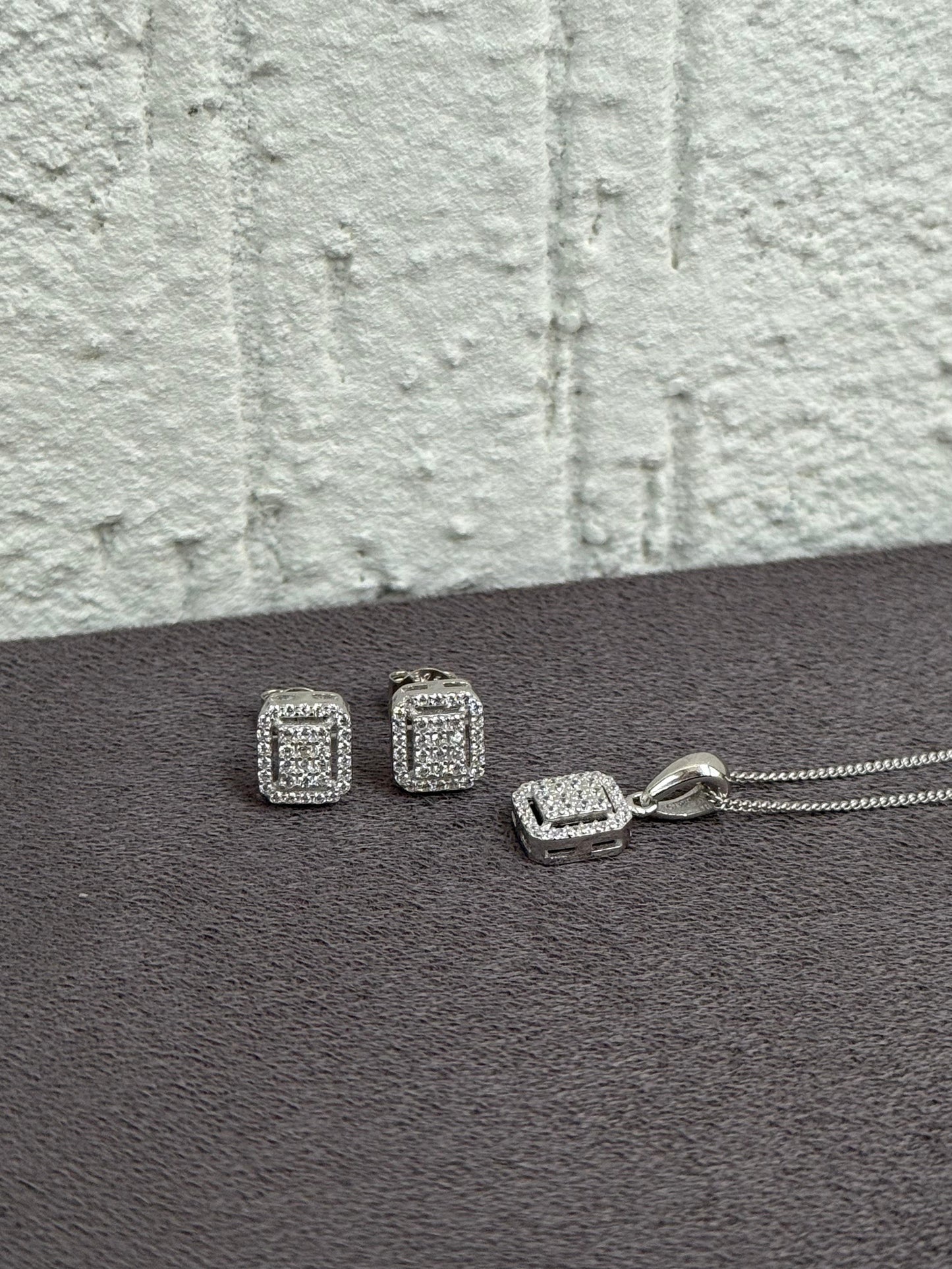 Rectangular Pendant Necklace and Earrings Set - Modern Design - Sterling Silver 925 with Zircon Stones Plated Rhodium White Gold 18K