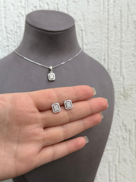 Rectangular Pendant Necklace and Earrings Set - Modern Design - Sterling Silver 925 with Zircon Stones Plated Rhodium White Gold 18K