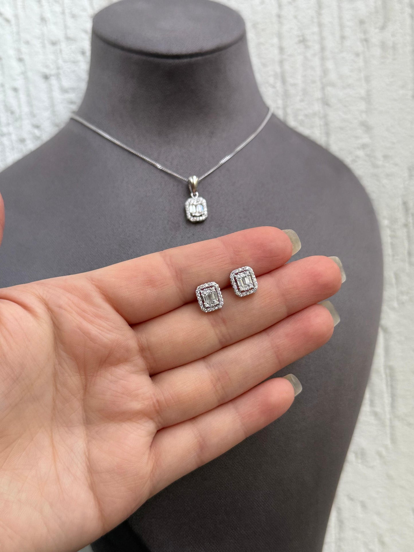 Baguette Stone Jewelry Set - Radiant Design - Sterling Silver 925 with Zircon Stones Plated Rhodium White Gold 18K