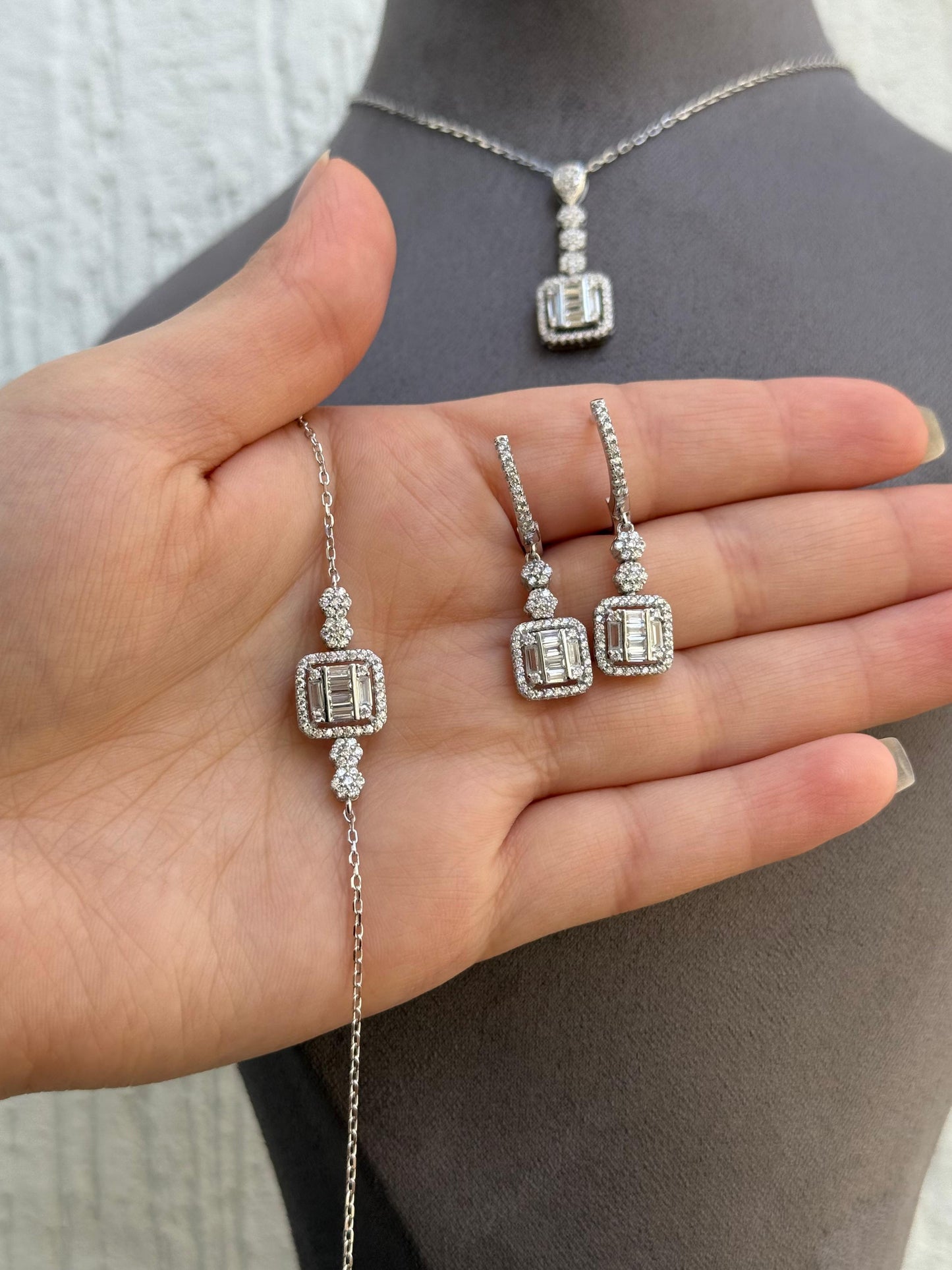 Baguette And Zircon Stone Jewelry Set - Drop Design - Sterling Silver 925 with Zircon Stones Plated Rhodium White Gold 18K