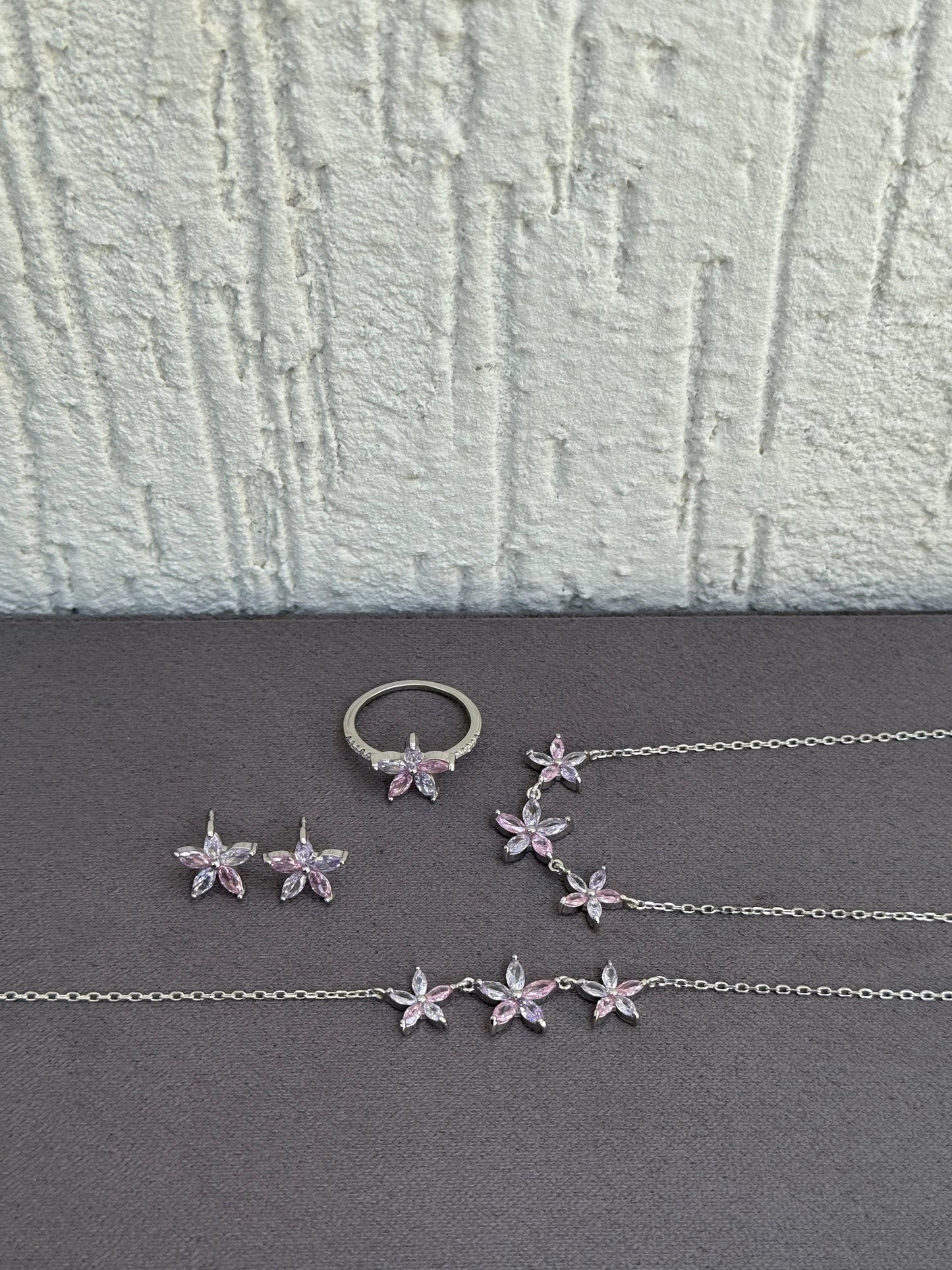 Colorful Star Set - Elegant Floral Design - Sterling Silver 925 with Zircon Stones Plated Rhodium White Gold 18K