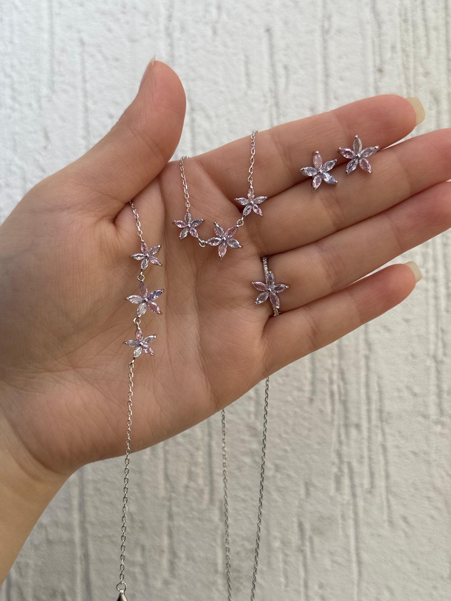 Colorful Star Set - Elegant Floral Design - Sterling Silver 925 with Zircon Stones Plated Rhodium White Gold 18K