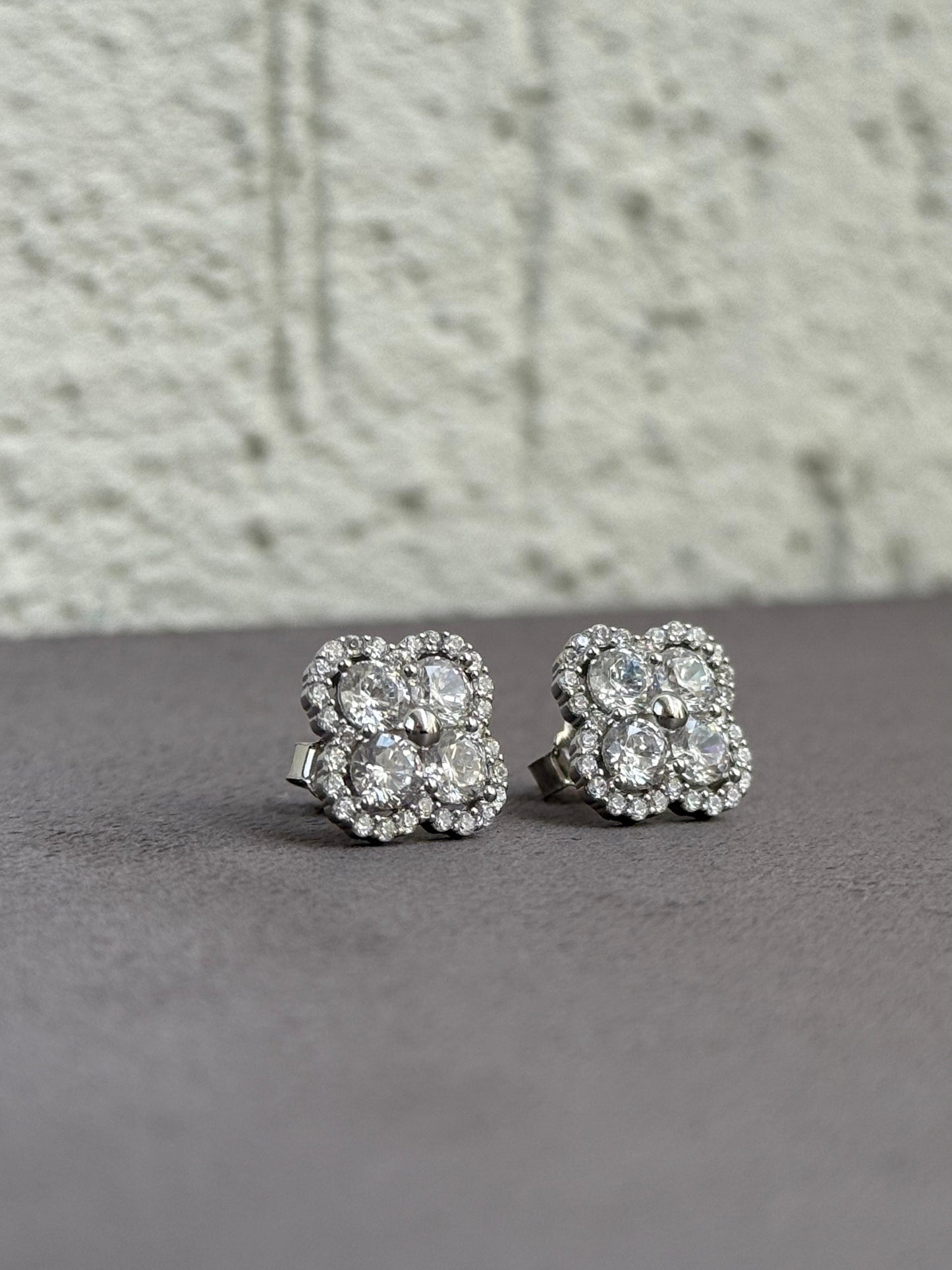 Flower Shape Earrings - Intricate Design - Sterling Silver 925 with Zircon Stones - Plated Rhodium White Gold 18K