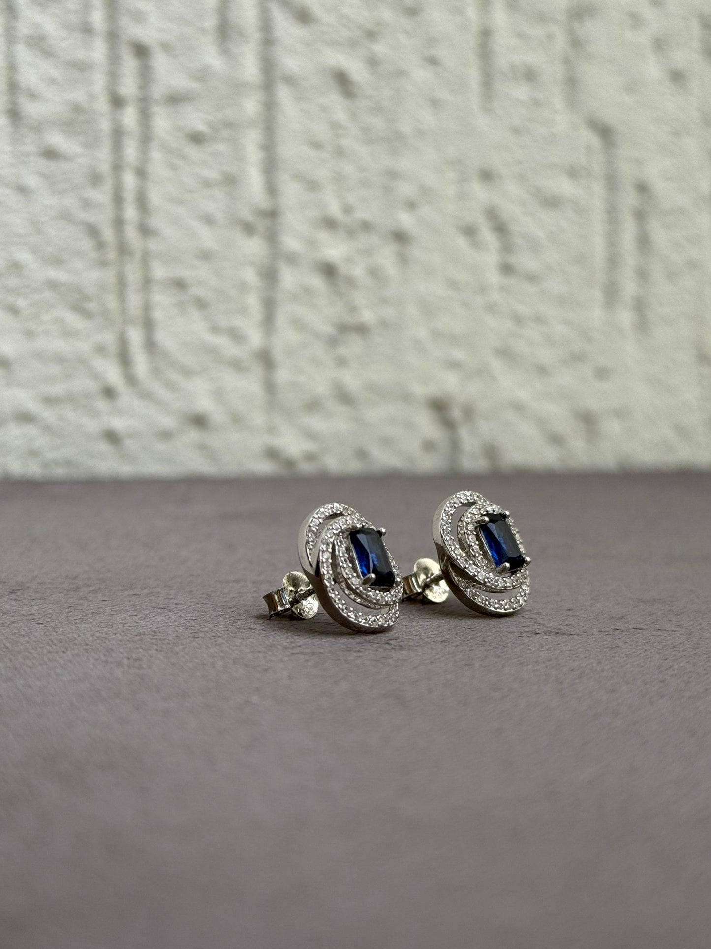 Dark Blue Stone Stud Earrings - Double Halo Design - Sterling Silver 925 with Zircon Stones - Plated Rhodium White Gold 18K