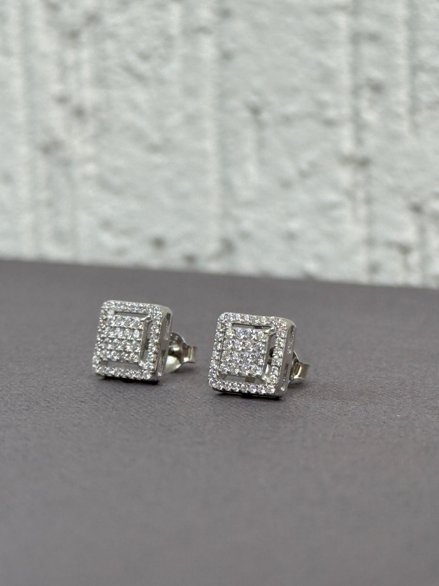 Square Stud Earrings - Pave Setting - 10mm x 10mm - Sterling Silver 925 with Cubic Zirconia - Plated Rhodium White Gold 18K