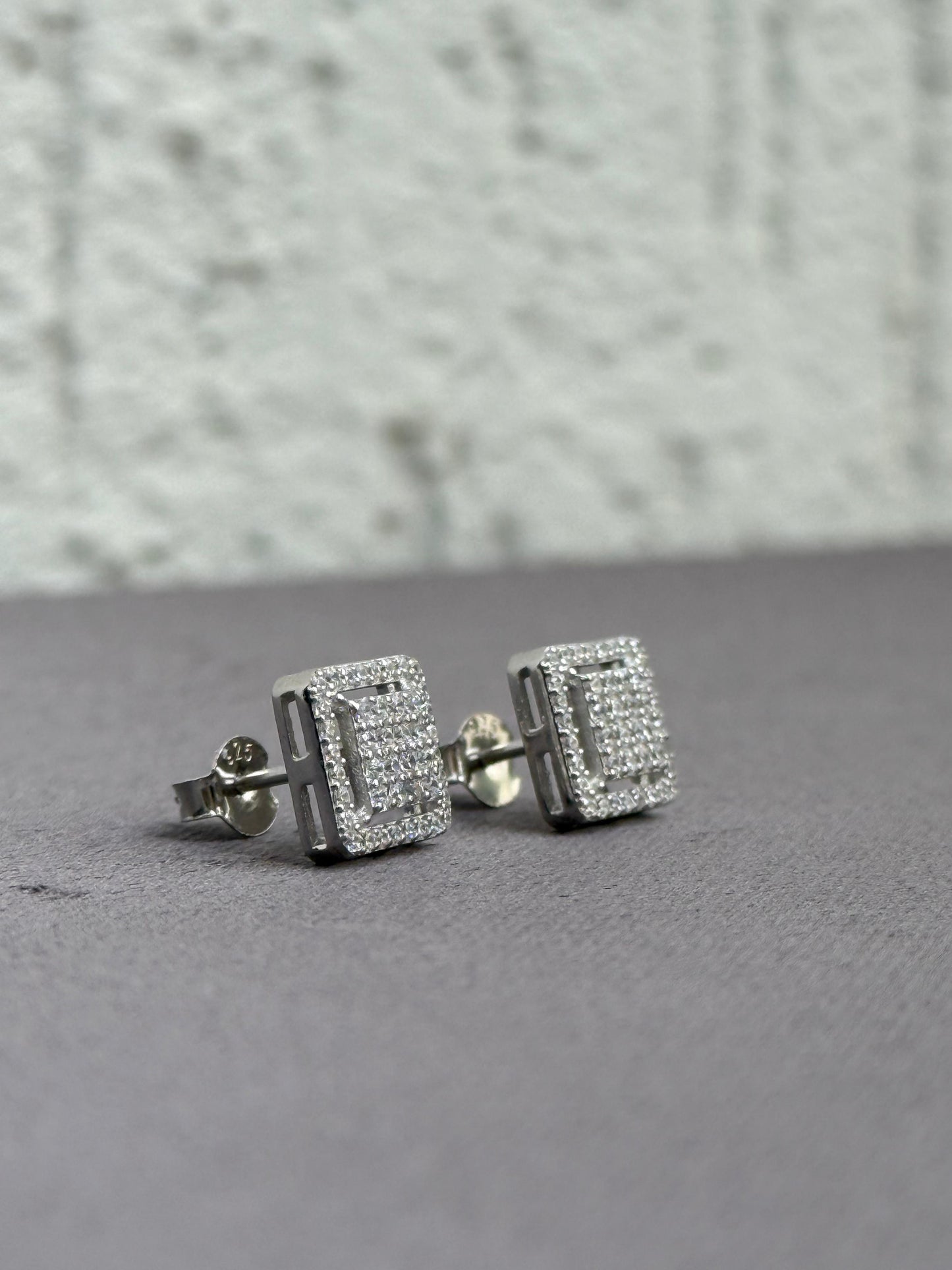 Square Stud Earrings - Pave Setting - 10mm x 10mm - Sterling Silver 925 with Cubic Zirconia - Plated Rhodium White Gold 18K