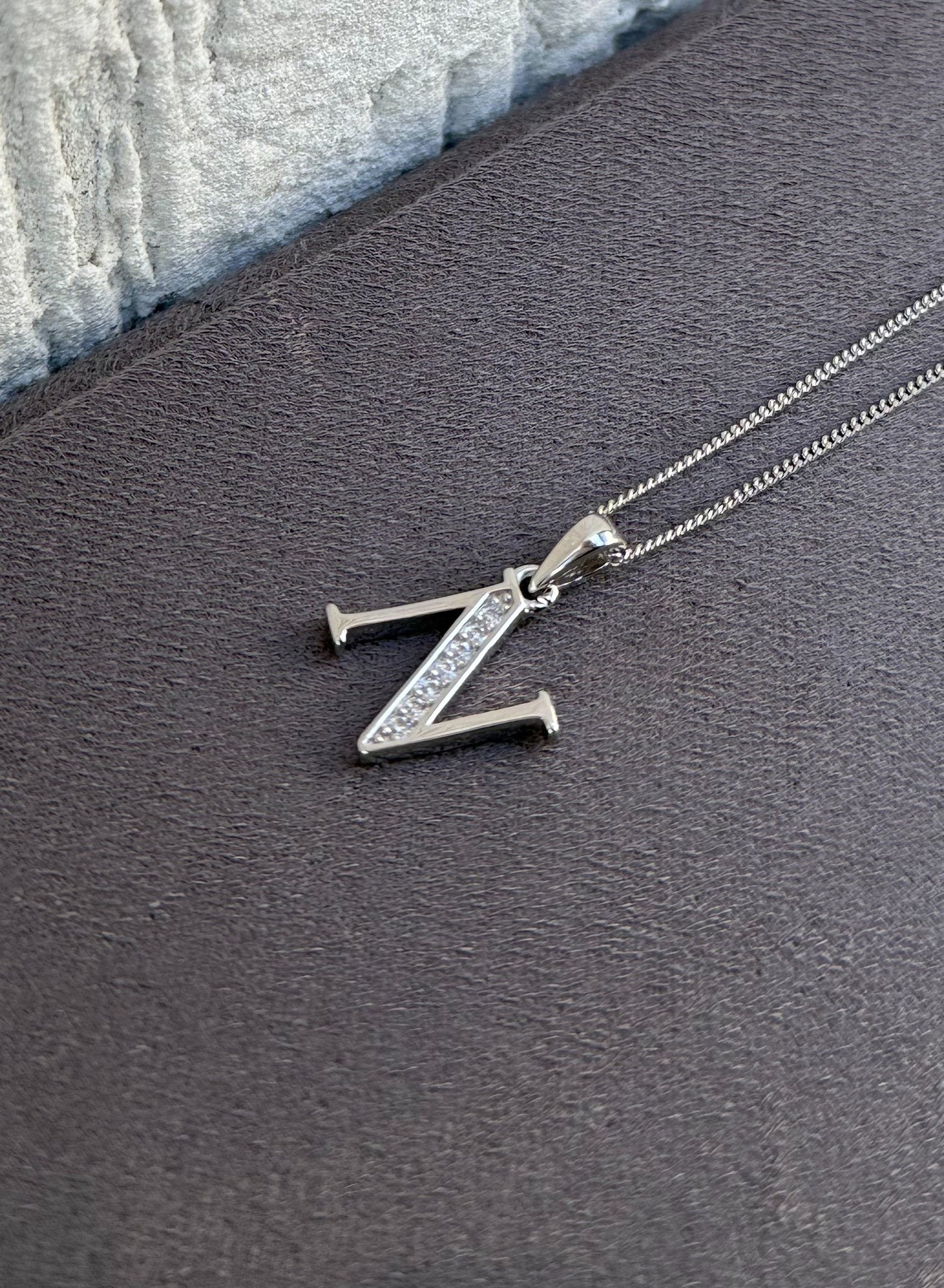 Letter Pendant Necklace - Minimalist Design - Sterling Silver 925 with Zircon Stones - Plated Rhodium White Gold 18K