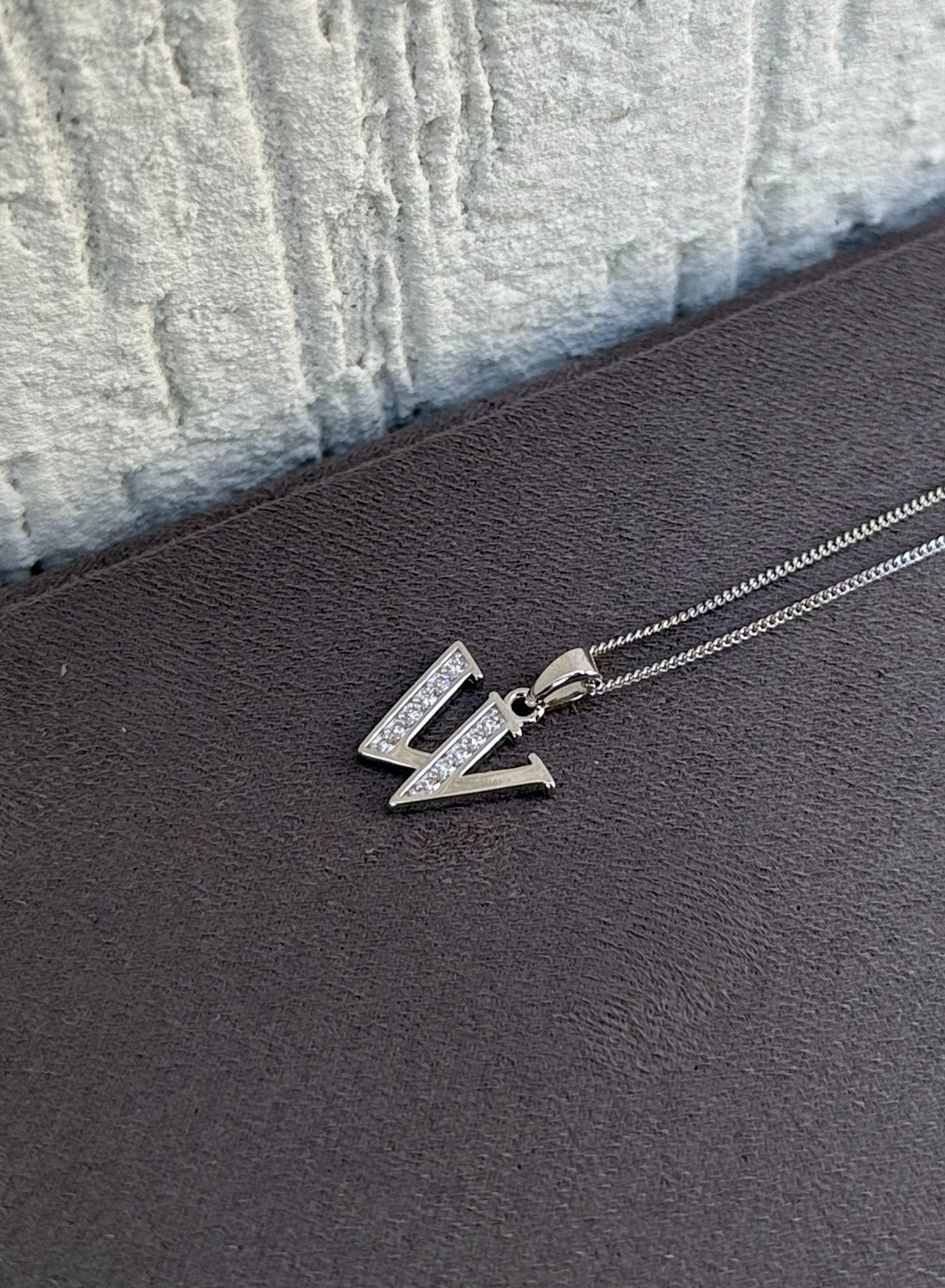 Letter Pendant Necklace - Minimalist Design - Sterling Silver 925 with Zircon Stones - Plated Rhodium White Gold 18K