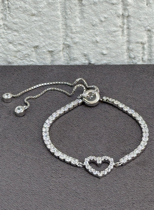 Heart Charm Tennis Bracelet - Adjustable - Sterling Silver 925 with Zircon Stones - Plated Rhodium White Gold 18K