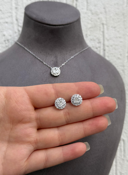 Flower Jewelry Set - Necklace and Earrings - Sterling Silver 925 with Zircon Stones - Plated Rhodium White Gold 18K