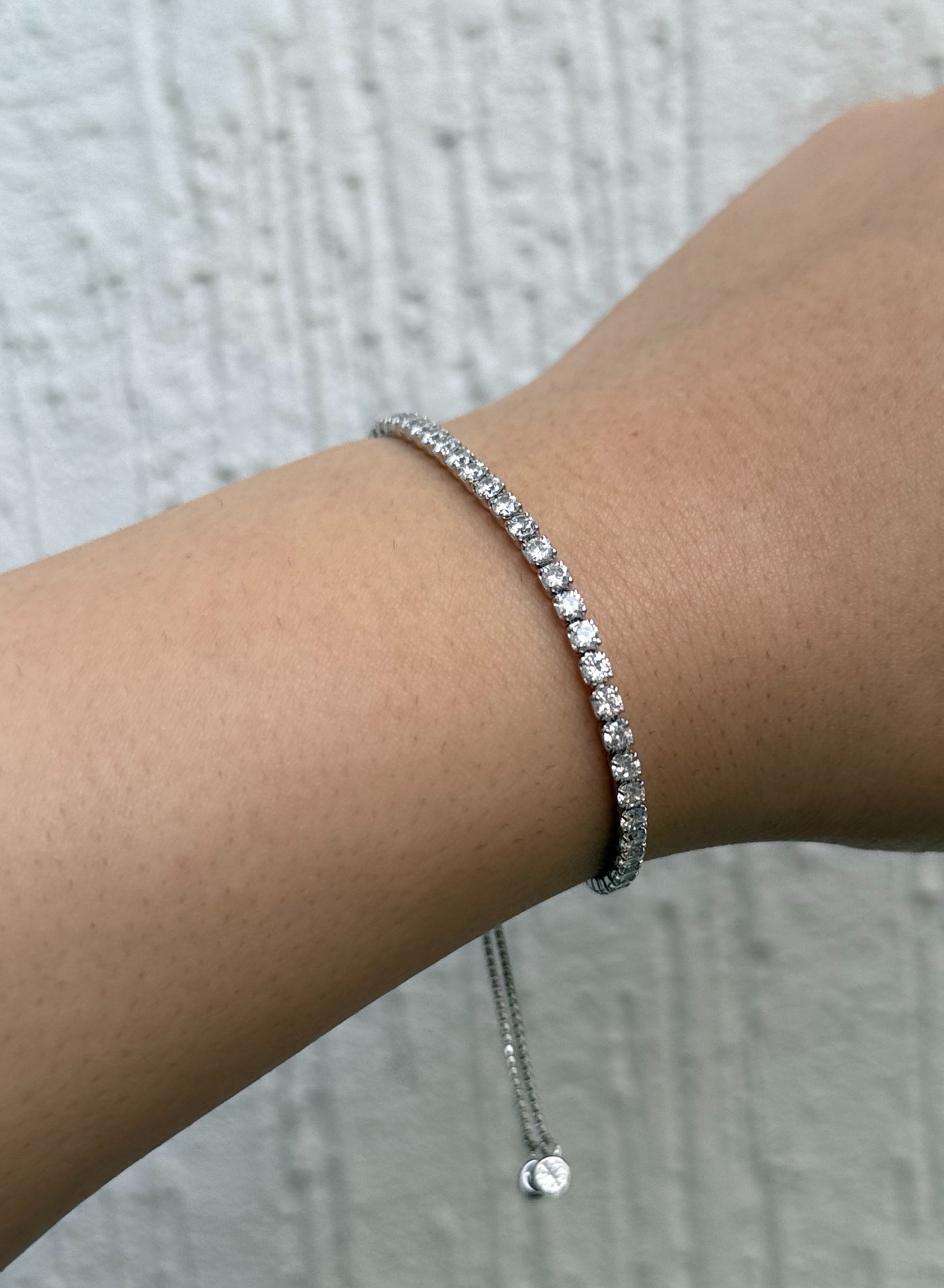 Double Row Tennis Slim Bracelet - Adjustable - Sterling Silver 925 with Zircon Stones - Plated Rhodium White Gold 18K