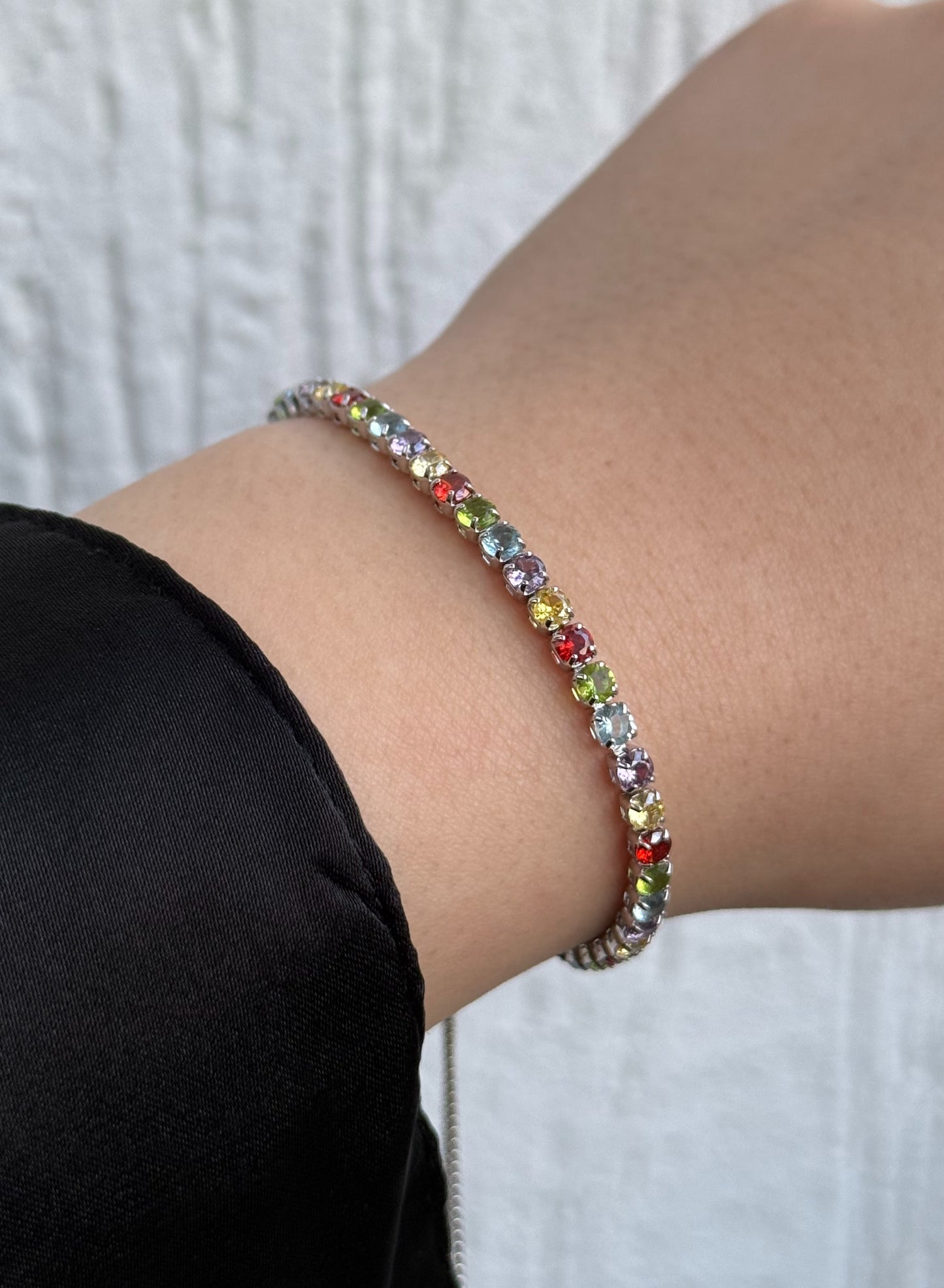 Multicolor Gemstone Tennis Bracelet - Adjustable - Sterling Silver 925 with Gemstones - Plated Rhodium White Gold 18K