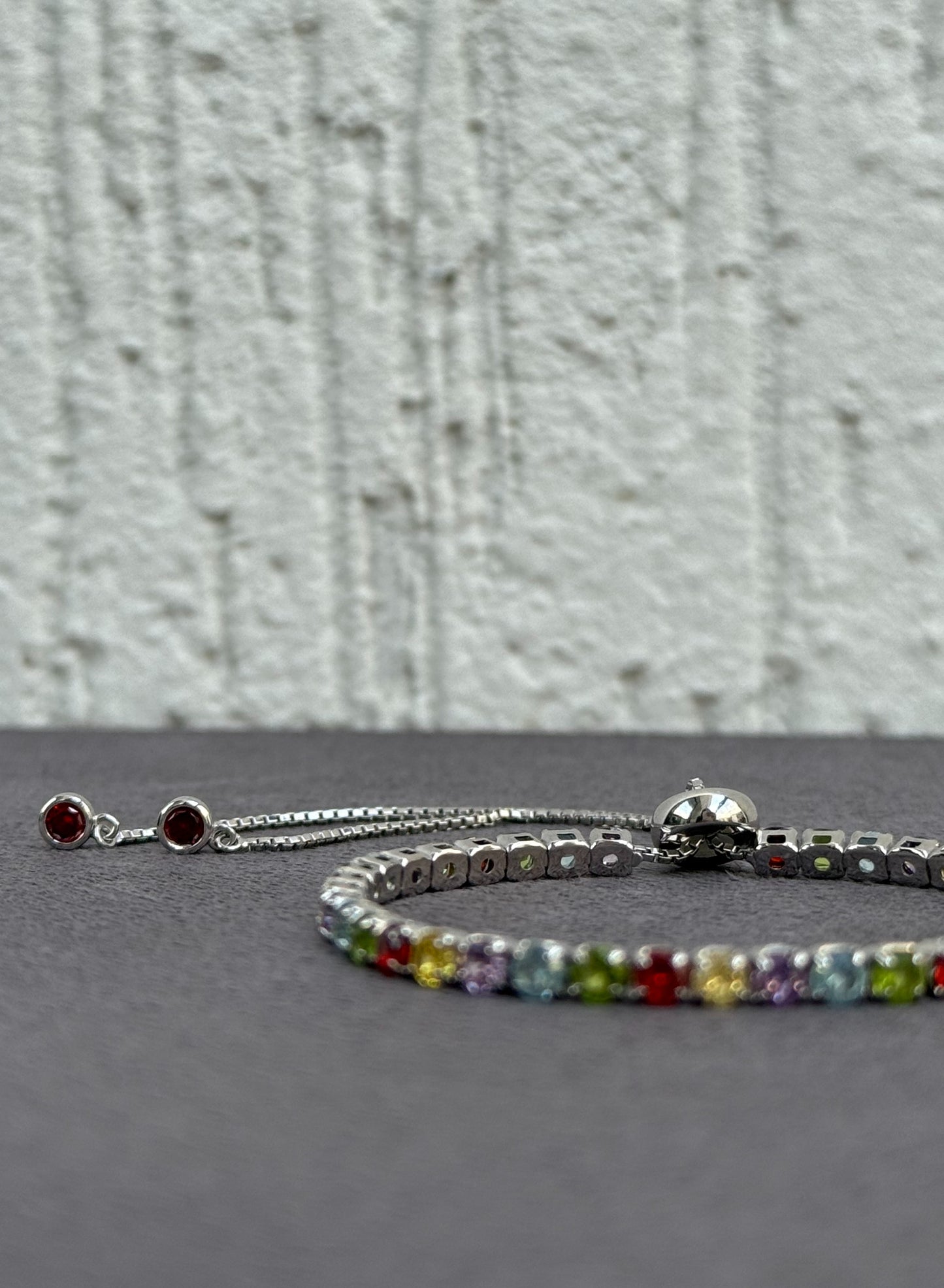 Multicolor Gemstone Tennis Bracelet - Adjustable - Sterling Silver 925 with Gemstones - Plated Rhodium White Gold 18K