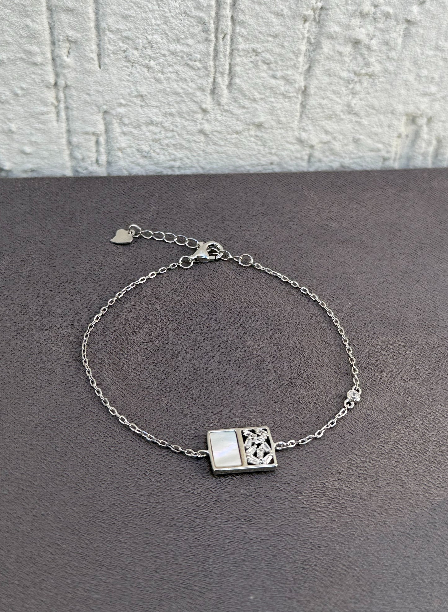 Rectangular Charm Bracelet - Adjustable - Sterling Silver 925 with Mother of Pearl - Plated Rhodium White Gold 18K