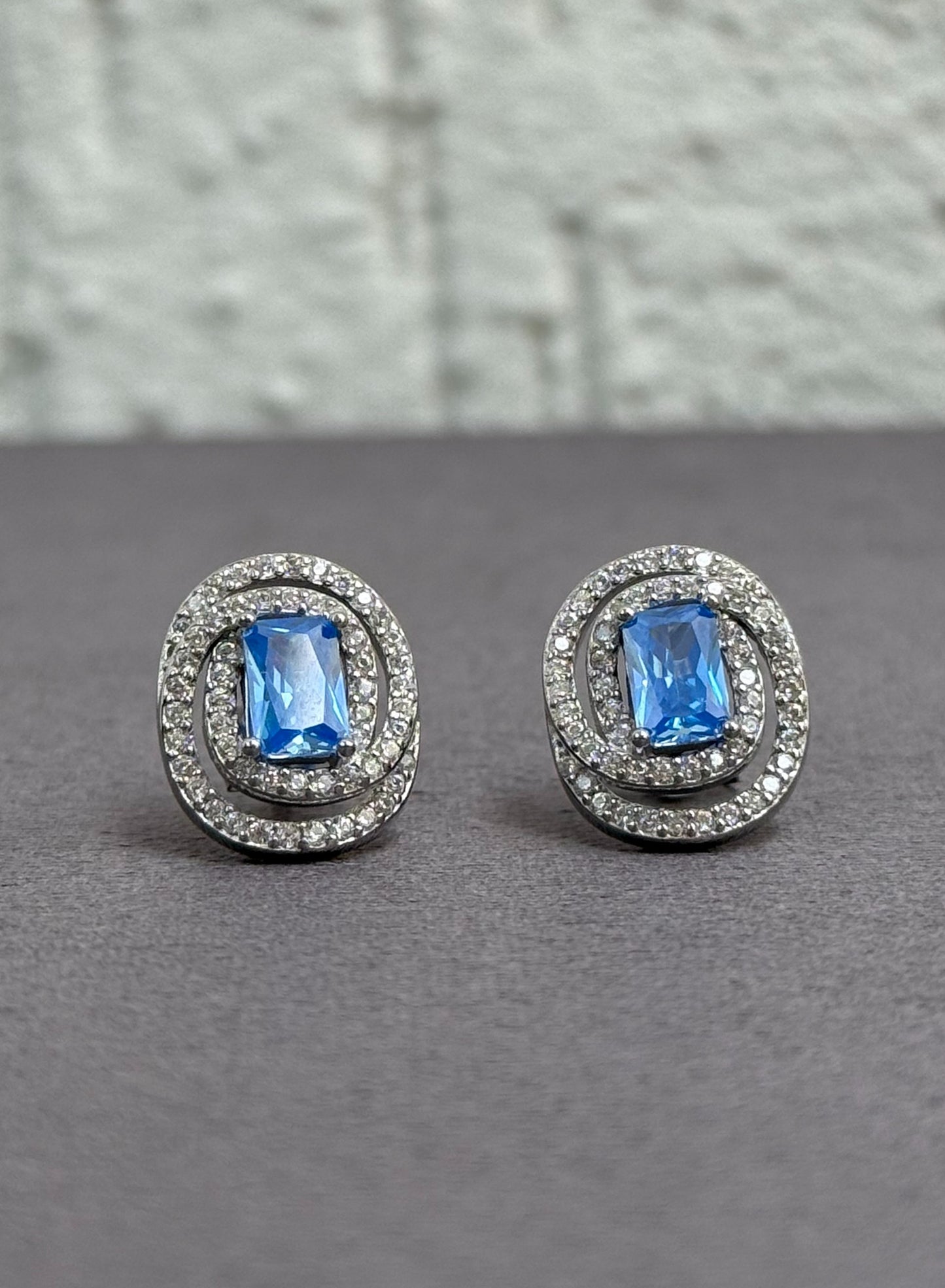 Light Blue Stone Stud Earrings - Double Halo Design - Sterling Silver 925 with Zircon Stones - Plated Rhodium White Gold 18K