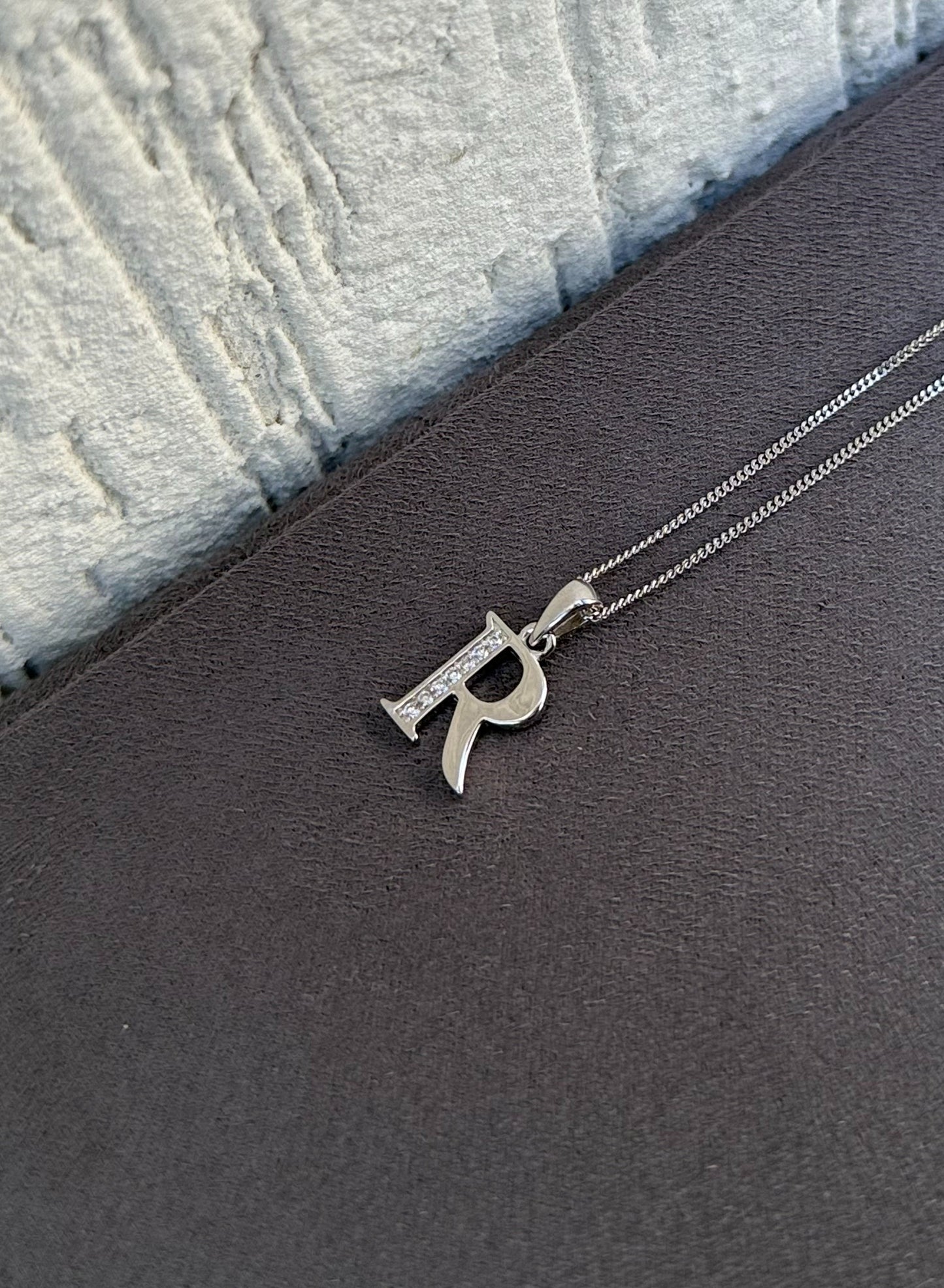 Letter Pendant Necklace - Minimalist Design - Sterling Silver 925 with Zircon Stones - Plated Rhodium White Gold 18K