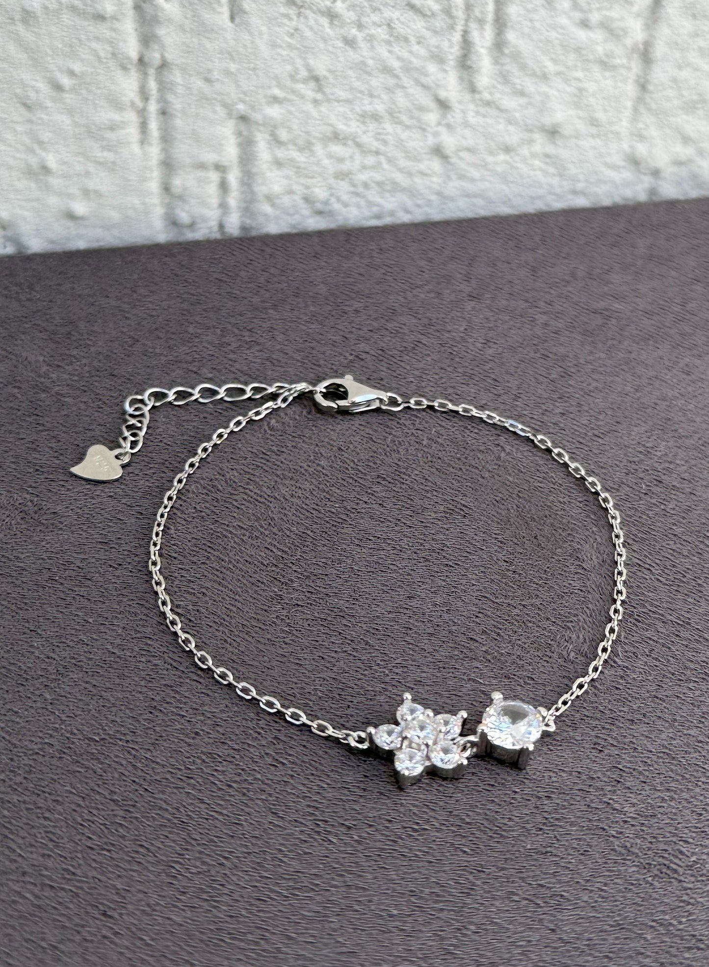 Floral and Solitaire Charm Bracelet - Adjustable - Sterling Silver 925 with Zircon Stones-Plated Rhodium White Gold 18K