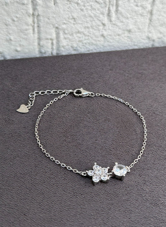 Floral and Solitaire Charm Bracelet - Adjustable - Sterling Silver 925 with Zircon Stones-Plated Rhodium White Gold 18K