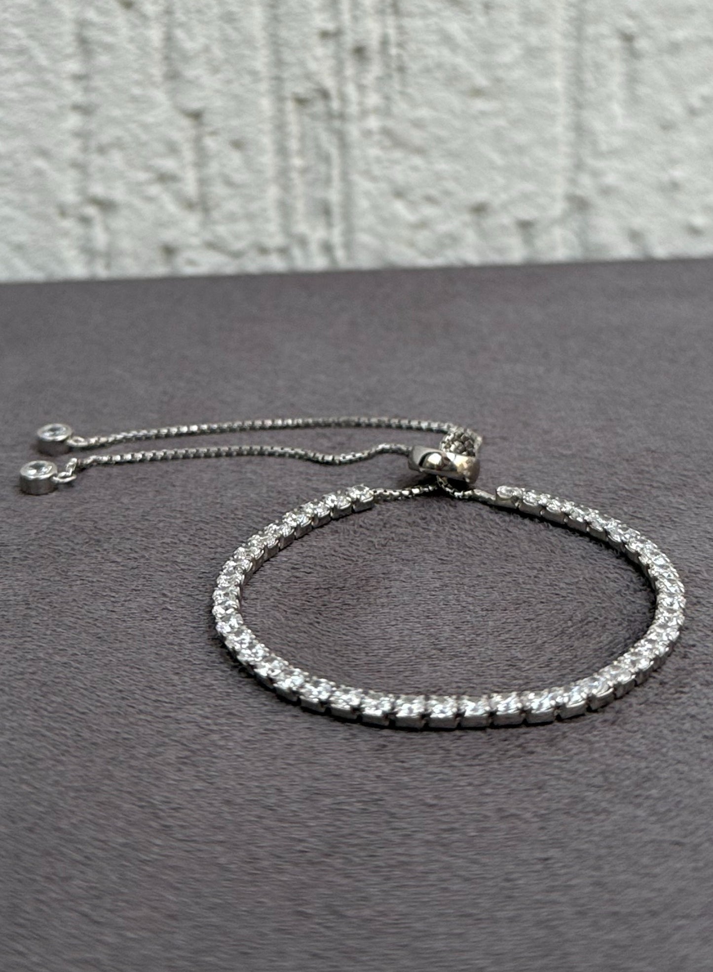 Double Row Tennis Slim Bracelet - Adjustable - Sterling Silver 925 with Zircon Stones - Plated Rhodium White Gold 18K