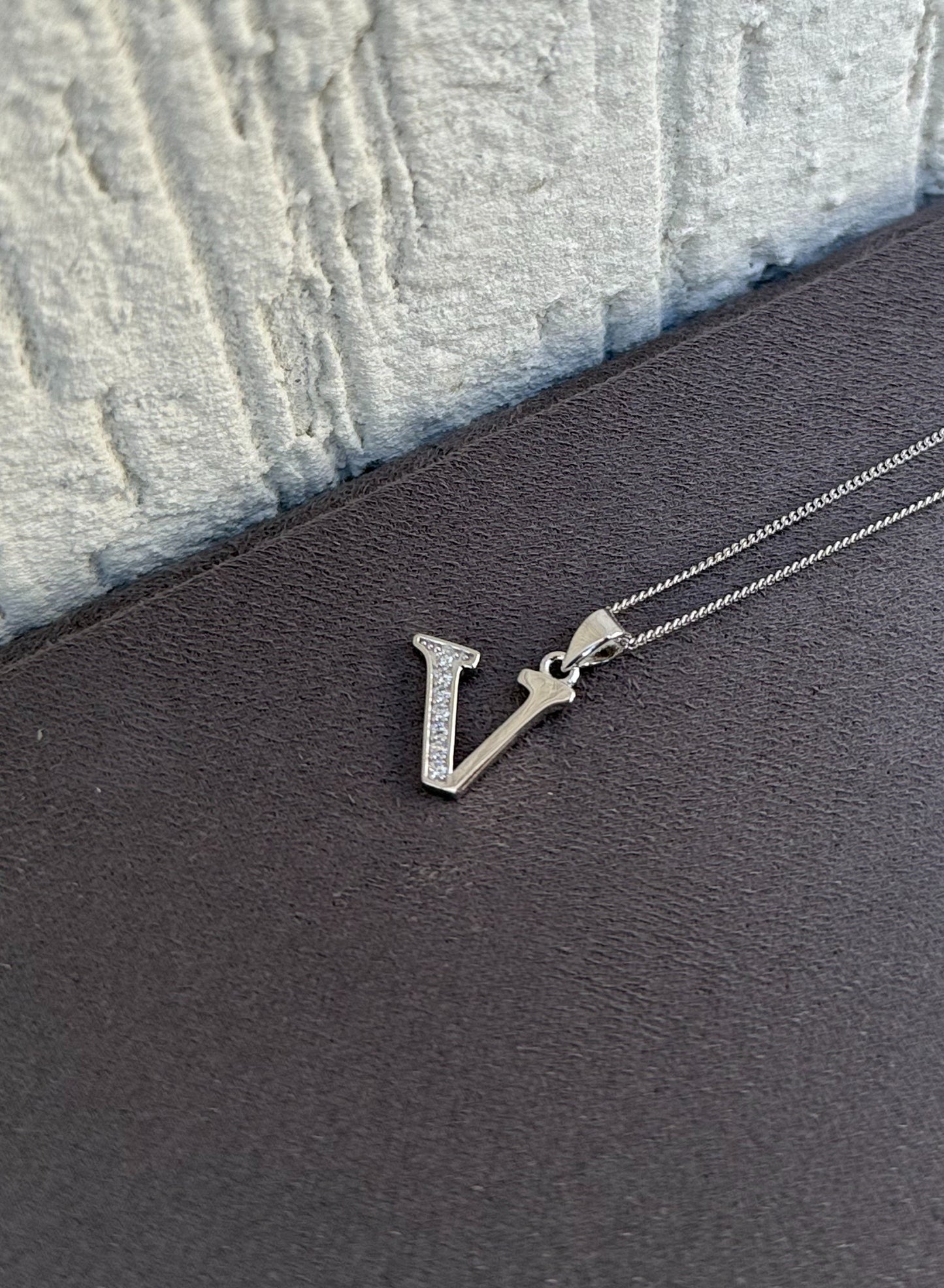 Letter Pendant Necklace - Minimalist Design - Sterling Silver 925 with Zircon Stones - Plated Rhodium White Gold 18K