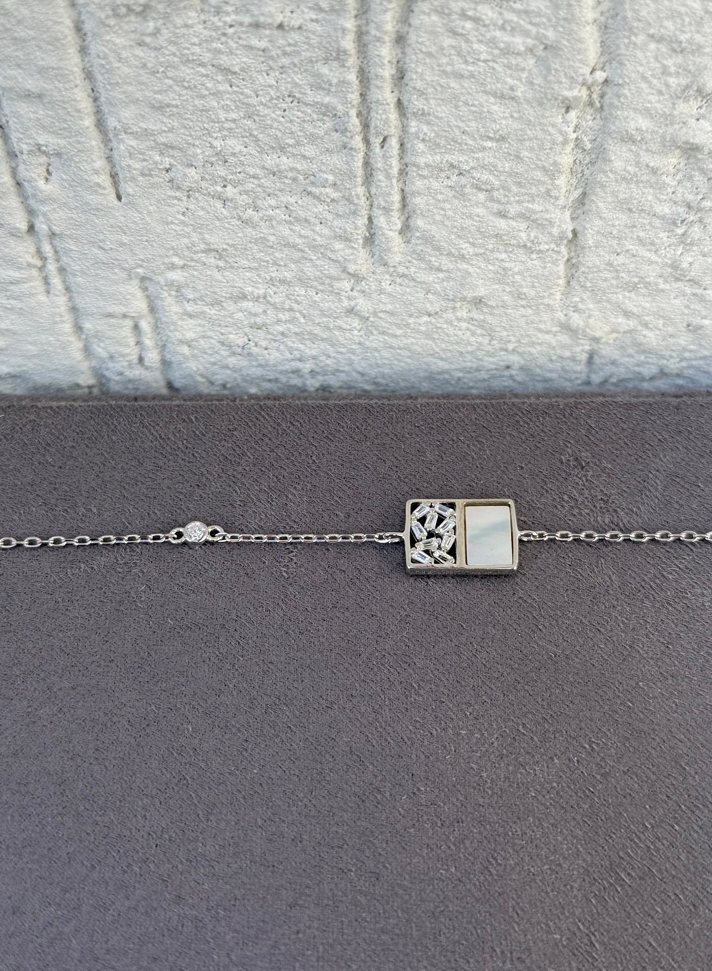 Rectangular Charm Bracelet - Adjustable - Sterling Silver 925 with Mother of Pearl - Plated Rhodium White Gold 18K